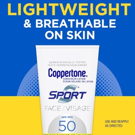 Coppertone Sport Face Sunscreen Lotion SPF 50, Lightweight and Breathable, Water Resistant Sunscreen Broad Spectrum SPF 50 UVA/UVB Protection, Oxybenzone Free, 74mL