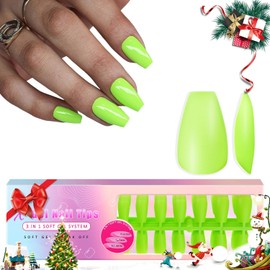 KQueenest Neon Green Gel Nail Tips - 300 Pcs Christmas Press on Nails Medium Coffin, Pre-Applied Acrylic Fake Nail Tips Kit, Vibrant Pre-Colored Ballerina Gel Tip Nails Extensions for Women