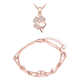 CPSLOVE Necklace and Bracelet for womens and girls, 925 sterling silver jewelry set, Elegant four leaf clover necklace pendant and bracelet, double chain bracelet, Inlaid shiny zircon, rose gold