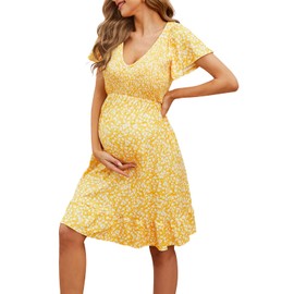 Domee Maternity Dress Floral Print V-Neck Midi A-Line Shirred Short Sleeves Ruffled Flowy Summer Boho Baby Shower Photoshoot Short Sleeve Yellow L