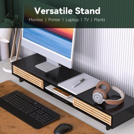 WELL WENG Dual Monitor Stand Riser with Sliding Door, Double Computer Laptop Stand Desk Shelf Organizer with Storage (Black + Natural Bamboo, 38 Inch)