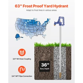 VEVOR Frost Proof Yard Hydrant, 5.25 FT Freeze-Proof Outdoor Faucet with 36" Bury Dept, 3/4" NPT Pipe Connection & 3/4" NH Hose Coupling, Heavy-Duty Cast Iron Hydrant for Yard, Garden, Farm Irrigation