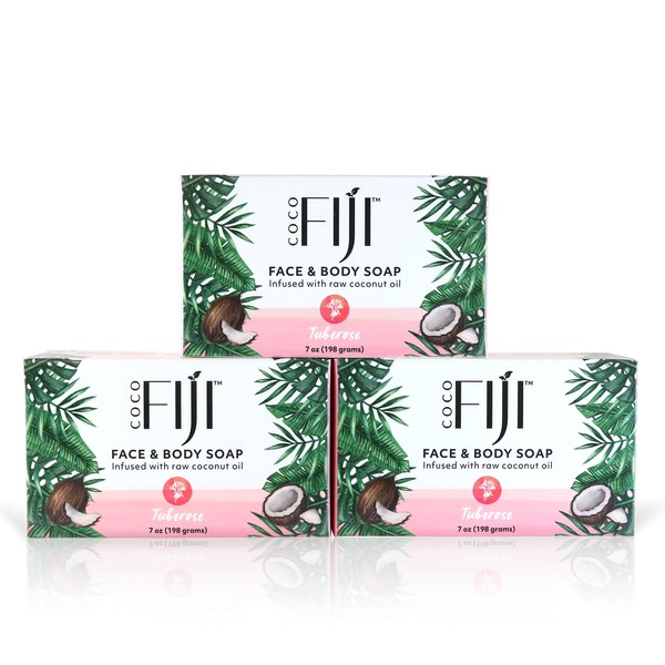 "Coco Fiji Soap Bar for Face and Body Infused With Organic Coconut Oil, Tuberose Essential Oil, Natural Soap for Moisturizing & Pore Purifying Skin, 7 oz, Pack Of 3 "