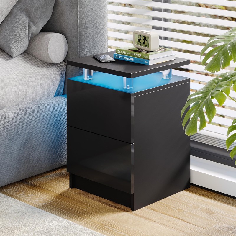 15" Black Nightstand Set of 2 with LED Lights, Modern