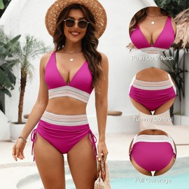 Adisputent Womens High Waisted Bikini Sets Color Block Swimsuit V Neck Tummy Control Swimwear Drawstring 2 Piece Bathing Suit Pitaya Red M