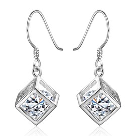 NABTYJC Fashion 3D Cube Earrings Cubic Zirconia Crystal earrings Birthstone earrings Sterling Silver Jewelry Birthday Gift Anniversary Present