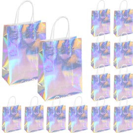 Hitkmi 24 Pcs Holographic Party Favor Bags Bulk, Iridescent Gift Bags, Small Silver Holographic Iridescent Goodie Paper Snack Candy Bags with Handles for Birthday, Baby Shower, Wedding