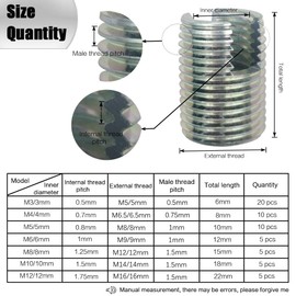 ADNEWX® Self Tapping Thread Insert, 60 Pieces Thread Repair Kit M3 M4 M5 M6 M8 M10 M12 Thread Inserts Carbon Steel Thread Reinforcing Repair Tool