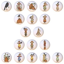 SET OF 18 KNOBS - Autumn Scarecrows I Country Fall Collection - DECORATIVE Ceramic Dresser Drawer PULLS Cabinet Cupboard KNOBS