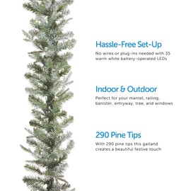 NOMA Pre-lit 9-Ft LED Flocked Glitter Fir Christmas Garland with Battery Operated Lights | 35 Warm White Bulbs | 290 Fir Tips