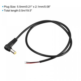 sourcing map 5.5mm x 2.1mm 90 Degree Right Angle DC Power Male Plug Jack to Bare Wire Open End Pigtail Power Cable Repair for Camera CCTV 0.5m Pack of 2