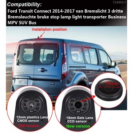 18mm HD Car Third Roof Top Mount Brake Light 3 Rear View Camera Parking Safety Assistant System, for Ford Transit Connect 2014-2017 Stop lamp Transporter Business MPV SUV Bus (with 7-inch Monitor)