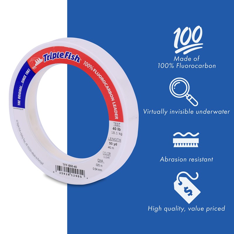 Triple Fish 60 lb Test Fluorocarbon Leader Fishing Line, Clear,