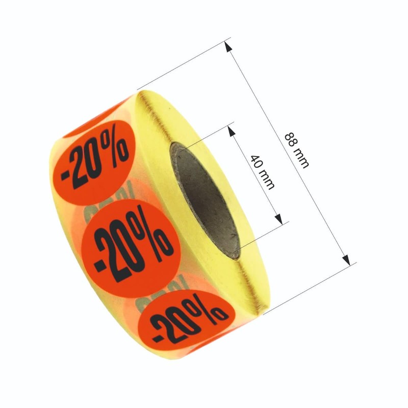 1,000 promotional labels/discount labels with print -20%, bright red, removable,