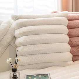 vctops 3D Striped Faux Fur Decorative Throw Pillow Covers Set of 2 Thick Warm Shaggy Cozy Soft Cushion Cover Fuzzy Plush Furry Square Pillow Covers (Cream,18"x18")