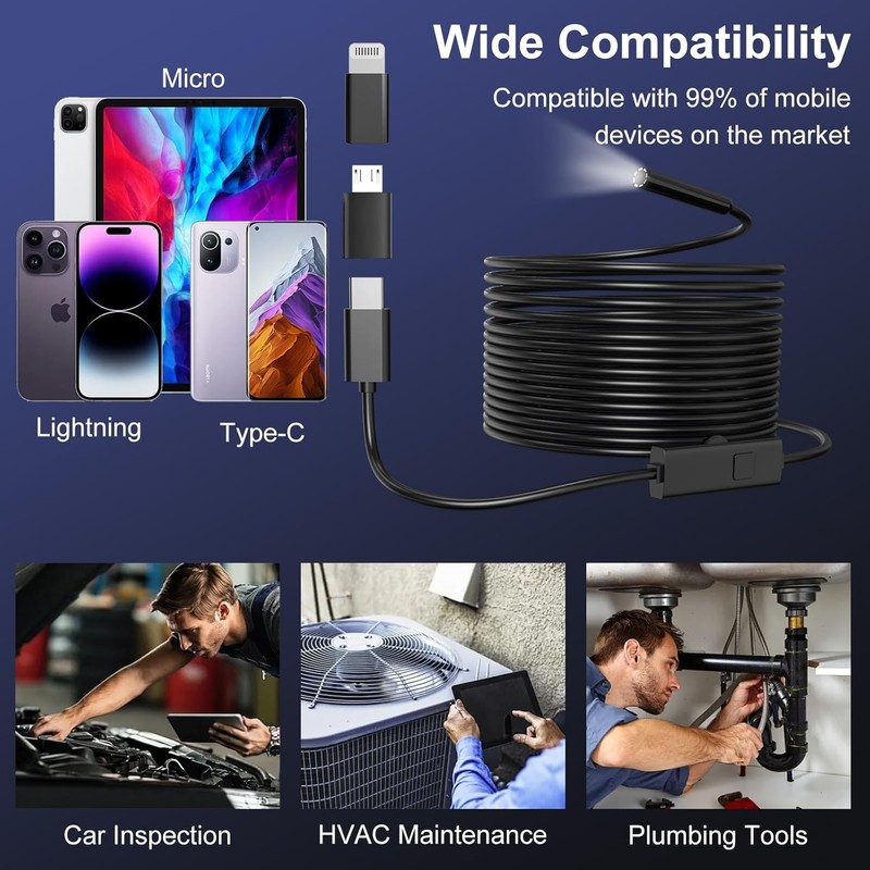 Endoscope Camera with Light, 1920P HD Borescope Inspection Camera with