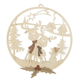 Kuhnert Window Decoration Wooden Decoration with Precious Wood Veneer Motif Elk with Snowman Dimensions: 18 x 20 cm Made in Germany