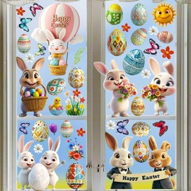 106Pcs Happy Easter Window Clings Double-Sided 3D Bunny Decor Spring Window Stickers Clings 9 Sheets Window Decals for Home Party Store Glass Decoration Easter Decorations