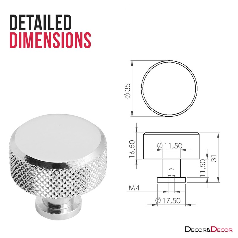 Decoranddecor Amelia Knurled 35mm Round Kitchen Cabinet Furniture Knobs Aluminium