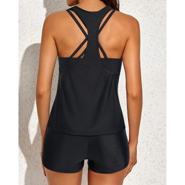 Holipick 3 Piece Tankini Bathing Suits for Women with Shorts Athletic Swimsuits Swim Tank Tops with Boy Shorts, Black, Small