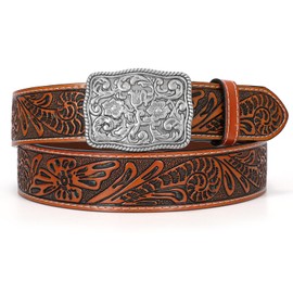 LEACOOLKEY Western Leather Belts for Women Vintage Embossed Engraved Cowboy Cowgirl leather belt with Buckle for Jeans Rodeo（Brown,Fit Pants Size 26"-31")