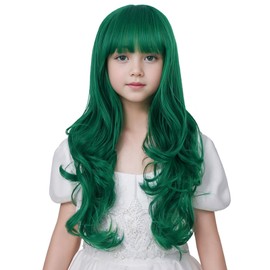 Edivd Kids Dark Green Wig Long Green Wig with Flat Bangs for Child Long Dark Green Wavy Curly Wigs for Girls Heat Resistant Synthetic Wigs with Cap