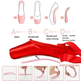 Nexete Ballet Dance Pointe Shoes, Dance Slippers Ballet Dance Flats with Toe Pads & Ribbons, for Girls Women Black Pink Red (12 Little Kid, Red)