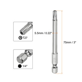 QUARKZMAN T27 Security Torx Bit 1/4 Inch Hex Shank 3 Inch Long S2 Steel Magnetic Tamper Proof Star Bits Screwdriver Torx Head with Hole for Screws Bits