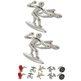COLLAR AND CUFFS LONDON Men's Silver Colour Cufflinks with Box - Surfer - Durable Brass - Surfboard Water Sports Surfing Surfing Sports Sea - One Pair, Brass