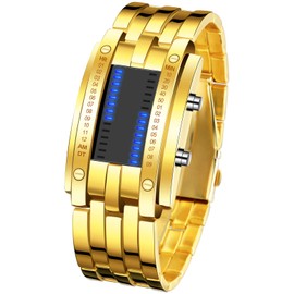 FANMIS Binary Matrix Blue LED Digital Watch Mens Classic Creative Fashion Black Plated Wrist Watches (Gold)