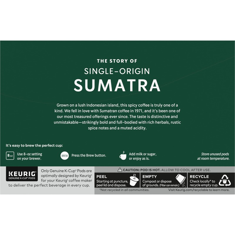Starbucks Coffee K-Cup Pods, Single-Origin Sumatra Coffee, Dark Roast 100%