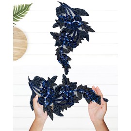 1pc Large Flower Rhinestone Applique Navy, Embroidery Sequin Patches for Clothes,Beaded Lace Applique for Wedding Bridal Dress Bodice Hat Sewing Craft for Girl Embellishment (Navy)