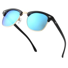 Retro Semi-Rimless Polarized Sunglasses for Men Women Driving Sun glasses 100% UV Blocking(Black Frame/Blue Lens)