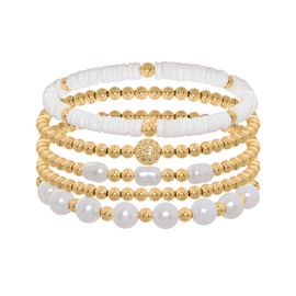 Ngdhkd 5pcs Gold Bracelet Set for Women Stackable Bead Bracelets with Simulated Pearl Dainty Trendy Design Adjustable No Tarnish Bracelet for Birthdays Gifts