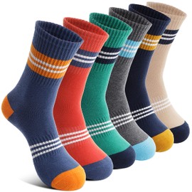 Welwoos Kids Boys Socks Athletic Sport Crew Breathable Cotton Trainer Basketball Running Gift Socks 6 Pairs Stocking Fillers((Thin Stripes,5-8Y)