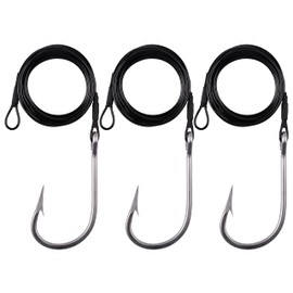 OROOTL Fishing Shark Hook Rigs, 3pcs Surf Fishing Rigs Stainless Steel Wire Leader with Tuna Hooks Big Game Deep Sea Gear for Shark Tuna Halibut, 6/0