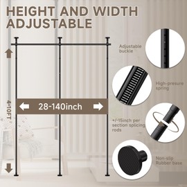 Room Divider for Room Separation，No Drilling Curtain Rod Wall Divider Metal Rod, 4-10ft(H) 28-140inch(W) Adjustable, Heavy Duty Partition Space Separator Freestanding Tension Curtain Stand (Black)