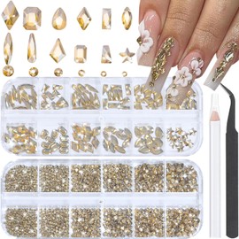 GeorgeX Pedrería para Uñas Dorado Champagne, Diamantes de Imitación de Plana Gemas, kit de Pedrería para Uñas para Pintura Facial, Pinzas, Bolígrafo para Pegar Diamantes