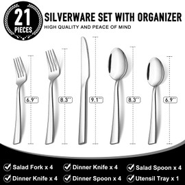 21-Piece Stainless Steel Silverware Set with Organizer Tray Silver Flatware Cutlery Set Fork Spoon Knife Set Kitchen Utensil Set for 4 Tableware Set Heavy Duty Silverware Set Spoon and Fork Set
