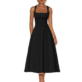Kaximil Women's Square Neck Corset A Line Maxi Dress Ruffle Ruched Waist Flowy Long Dresses, Medium, Black