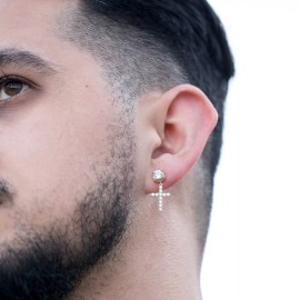 Street Knitted Iced 14k Yellow Gold Plated Small Cz Cross Dangle Drop Stud Earrings For Men
