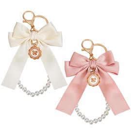 Beebeecraft 1 Box 2Pcs Bow Key Chains for Women Bowknot Pink Beige Aesthetic Pearl Key Chains Wristlet Bag Charms for Purse Car Keys Tote Backpack Accessories Decoration Gifts