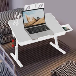 Laptop Bed Desk for Bed Couch, Foldable Portable Lap Desk, Height Adjustable Laptop Bed Table with Drawer/Bookshelf/Light/Fan/USB Interface, Laptop Stand Tray Table for Reading Working (Grey)