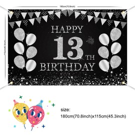 JOYKY Happy 13th Birthday Banner, Black Silver 13th Birthday Party Decorations for Boys Girls, 13 Year Old Birthday Supplies Backdrop Décor, 5.9 X 3.8 Fts