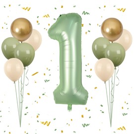 FunHot 40 Inch Sage Green Number 1 Balloon, Olive Green 1st Birthday Balloons, Retro Sand White Avocado Green Gold Latex Balloons 1 Foil Balloon for Boy Girl Baby Shower 1st Birthday Jungle Party Decorations