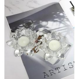 Aixita Crystal Lotus Flower Tealight Candle Holder Set of 2, Clear Glass Candlestick Holders, Pillar Votive Candle Holders for Table Centerpiece, Home Décor, Party, Wedding, Dinning