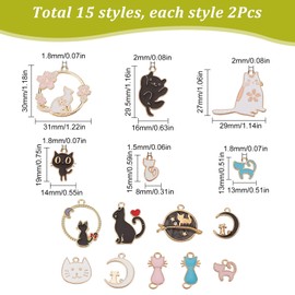 SUNNYCLUE 30 Pcs 15 Types Cat Charm Enamel Cherry Blossom Charm Moon Part Flower Piercing Cat Petal Earrings Cherry Blossom Necklace Cat Leaf Bracelet Rose Cat Sakura Keychain Moon Metal Parts Cute