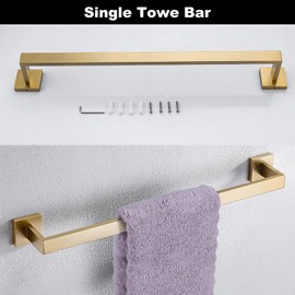 HalyCare Gold Bathroom Hardware Accessories 7 Pieces Gold Square Towel Bar,Stainless Steel Bathroom Towel Rack Set Wall Mounted,23.6" Towel Bar Holder 4 Towel Hooks Square Towel Ring