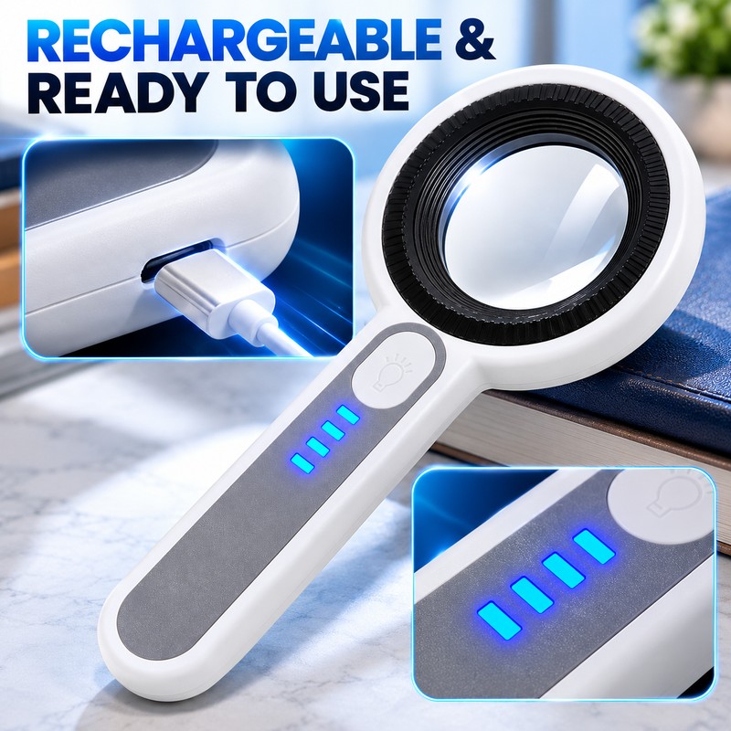 60X Handheld Magnifying Glass for Close-Up Inspection – Rechargeable LED