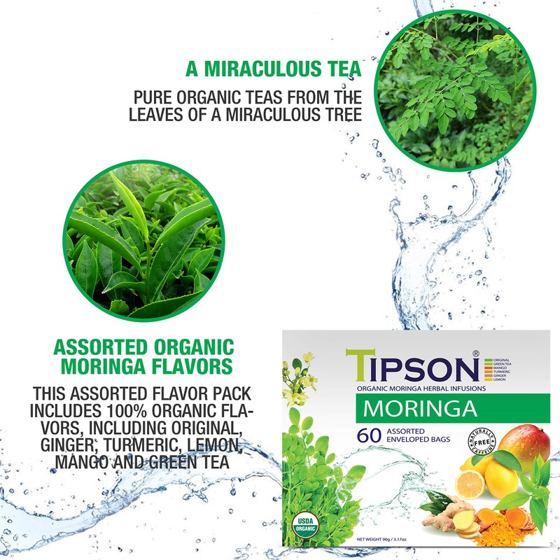 Tipson Organic Moringa Variety Sampler - 6 Flavors (60 Tea